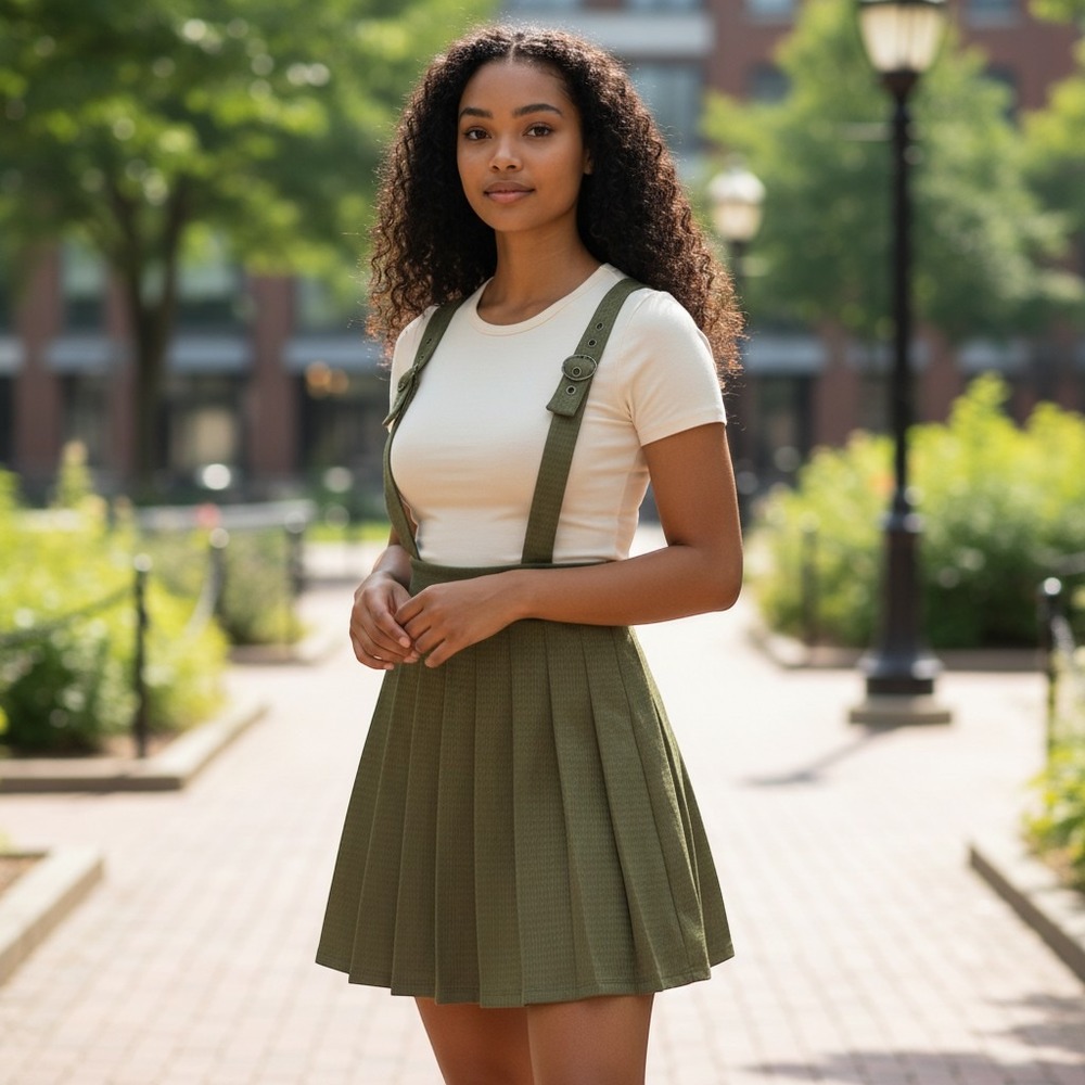 Green Houndstooth Pleated Pinafore Skirt Adjustable Grommet Straps Textured Mini